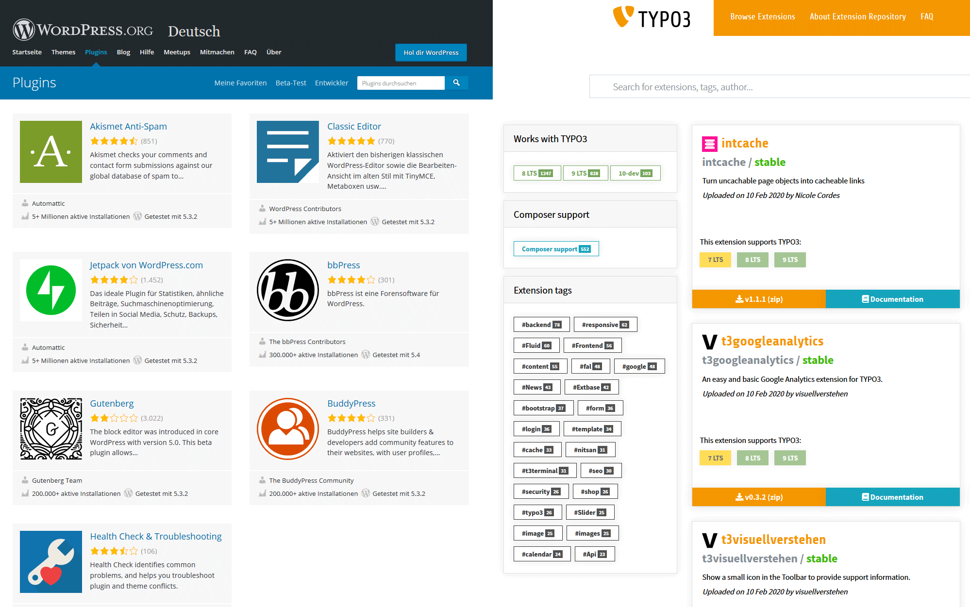 WordPress plugins and TYPO3 extensions