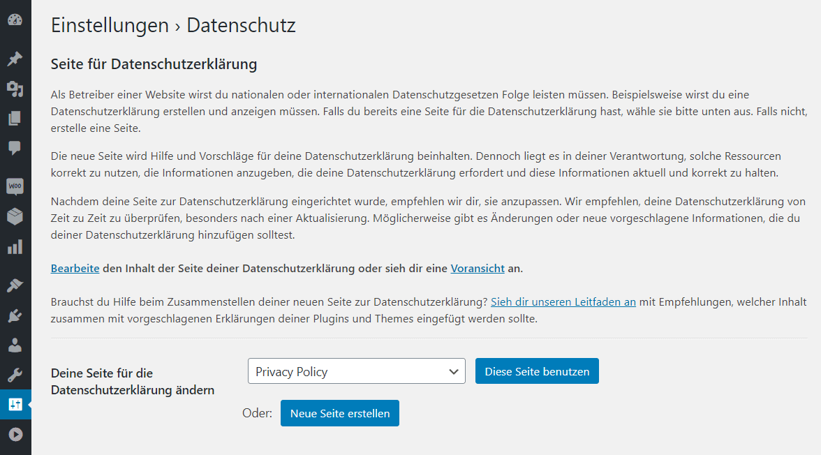 WordPress Datenschutz Seite