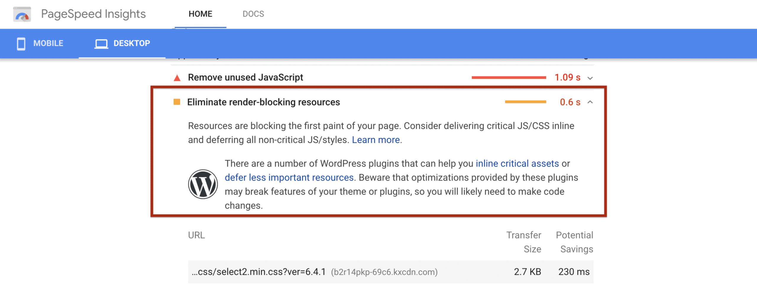 WordPress optimisation suggestions by Google