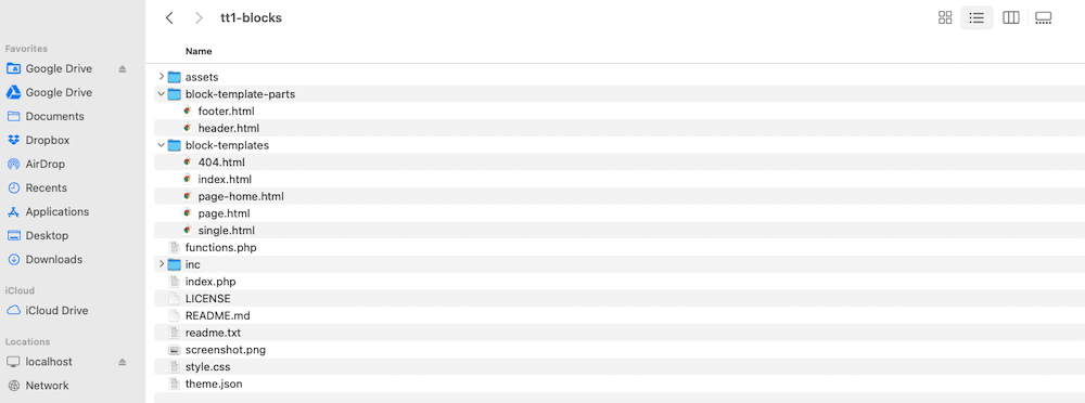 Image showing the template parts as HTML files to match WordPress Full Site Editing
