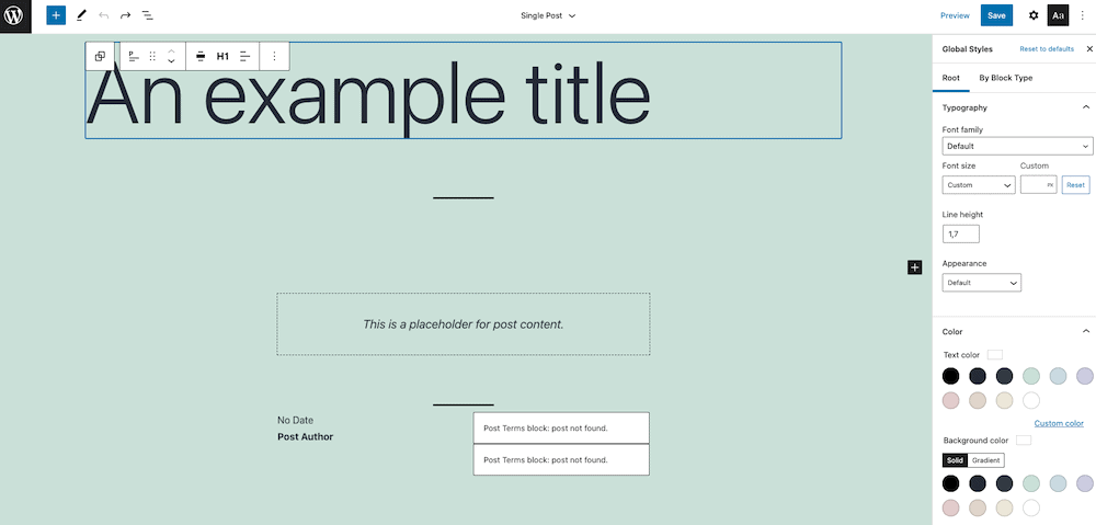 Screenshot showing the global styles configuration options on the WordPress Site Editor