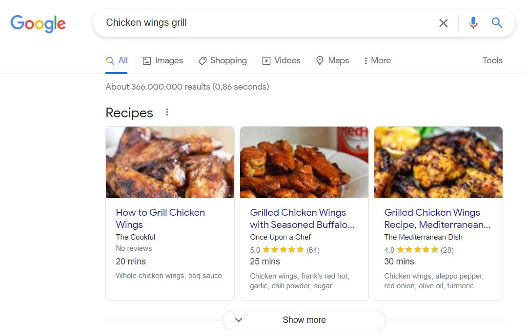 Wyniki wyszukiwania Google Foodblog