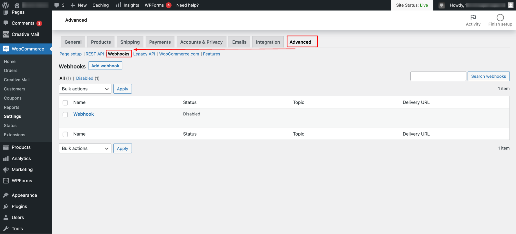 Gehe zu Erweiterte Einstellungen > Webhooks, um die Webhooks Seite des WooCommerce Stripe Plugins zu finden.